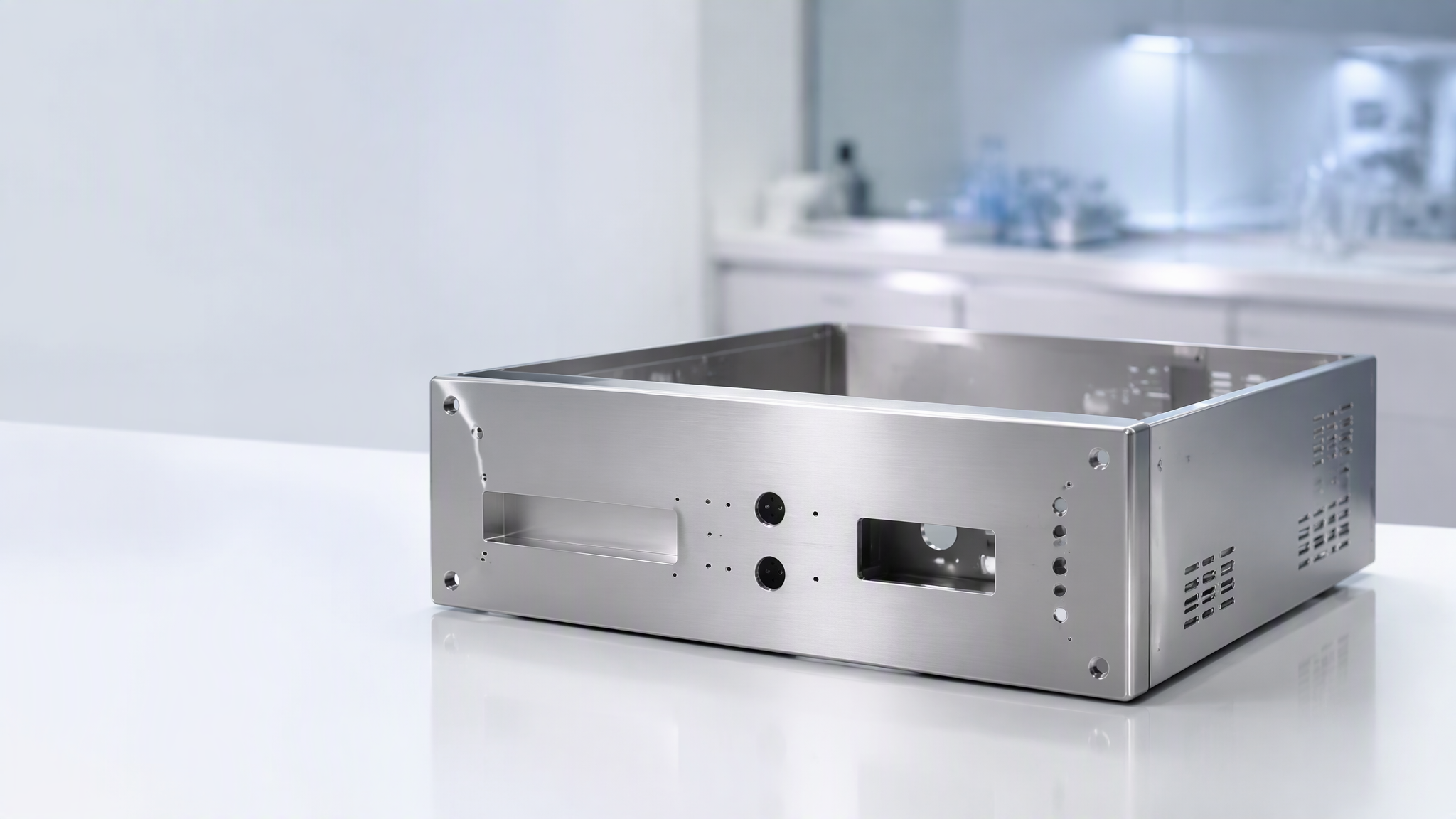 316L stainless steel instrument chassis with seamless corners and laser-cut openings on a clean white bench