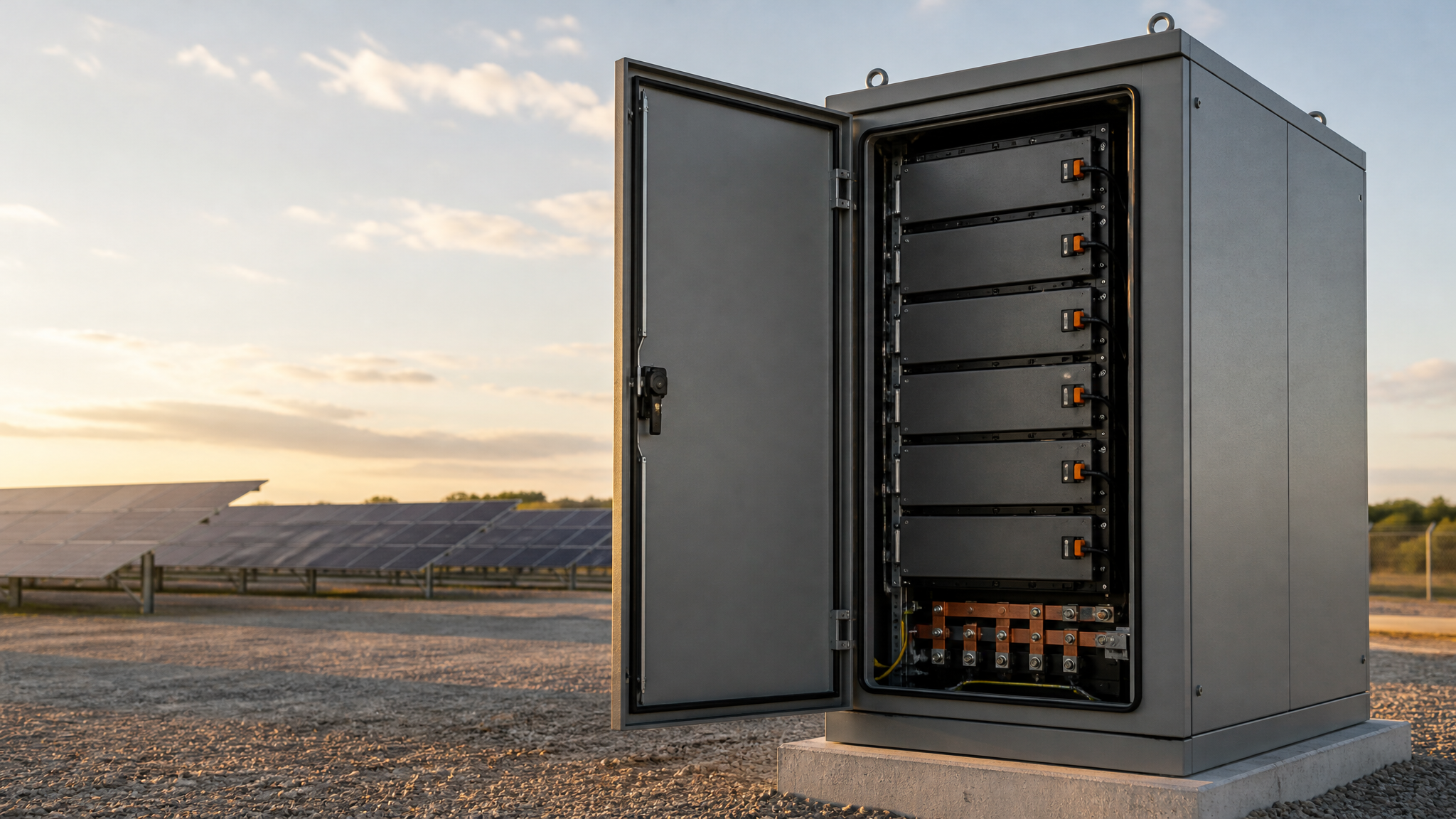 Outdoor battery energy storage cabinet with IP65 gasket door open, modular battery trays and copper busbars at a solar site