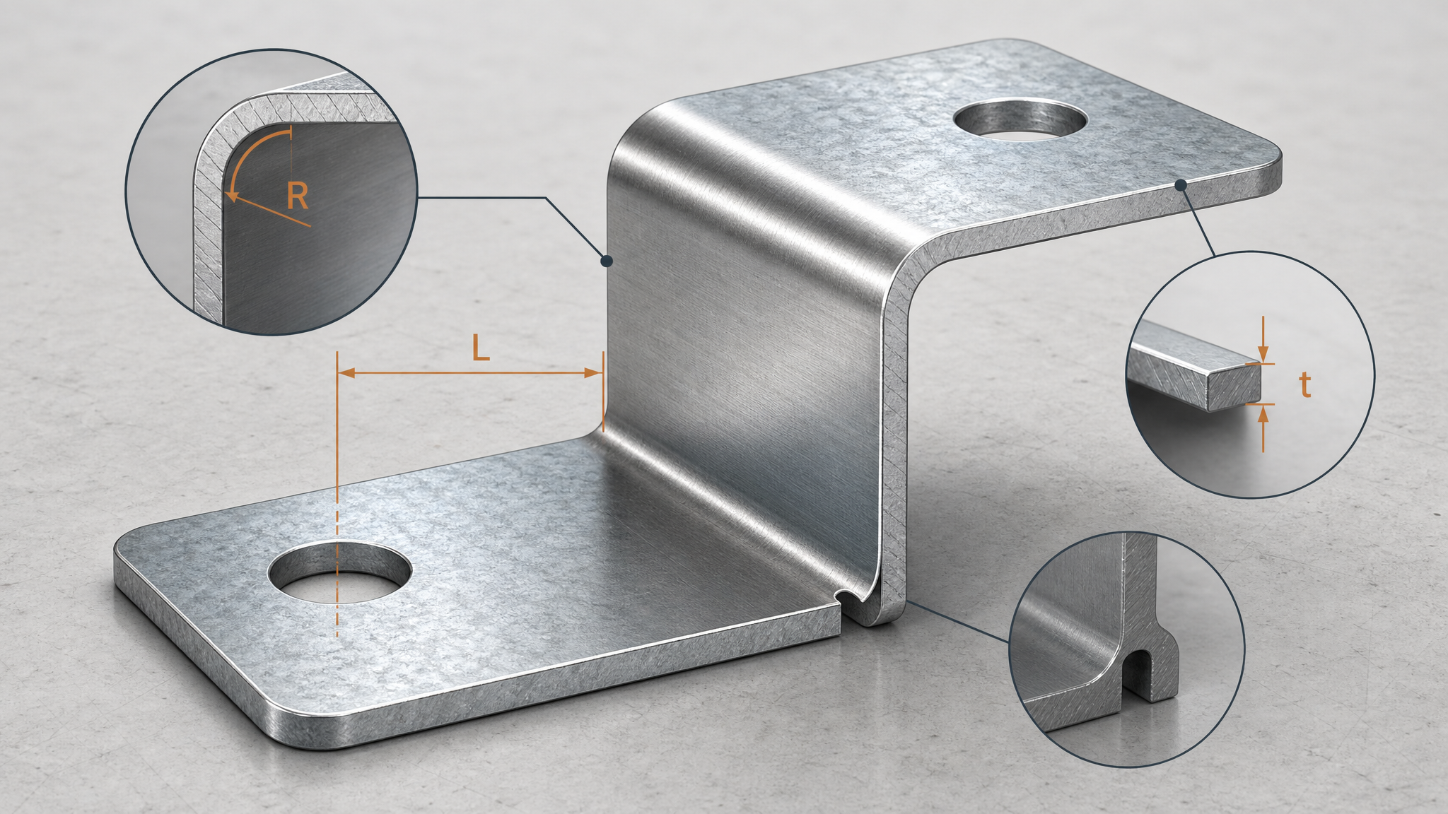 Sheet metal bracket showing inside bend radius R, material thickness t and hole-to-bend distance L for DFM review